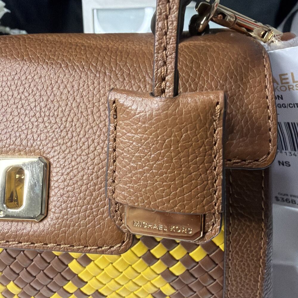 Michael Kors Karson Mini Bag Woven Yellow Leather Brown Top Handle B3M - Picture 11 of 13